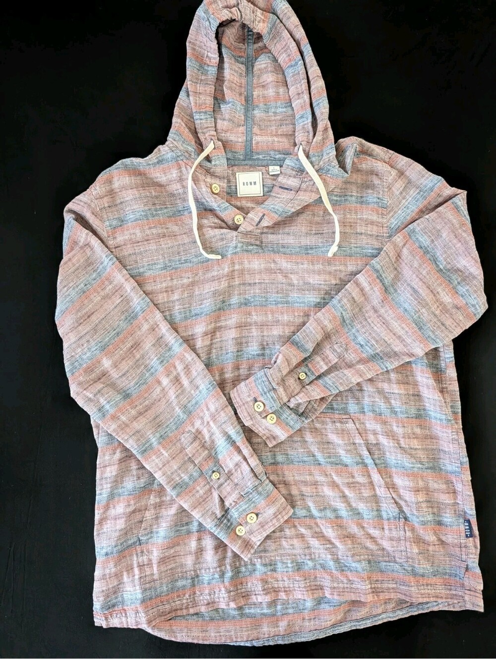 Rowm Long-Sleeve Hooded Shirt Men's L Coral & Blue Striped Pullover Cotton Blend